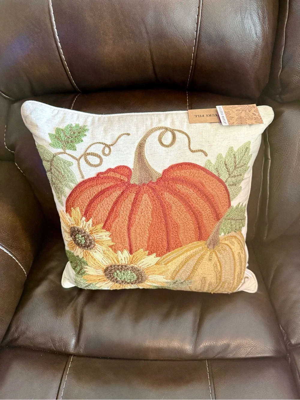 Autumn Harvest Pumpkins Sunflowers Embroidered Throw Pillow 18x18 Orange Gold